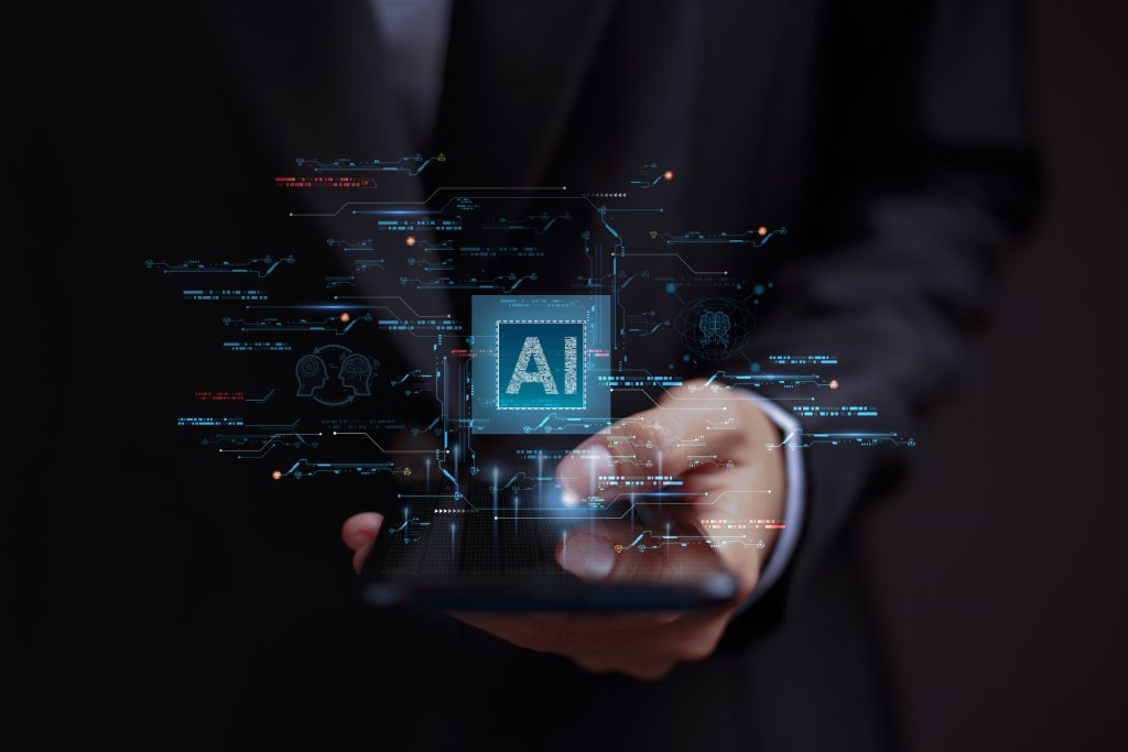 Futuristic city skyline with data connections representing AI transformation